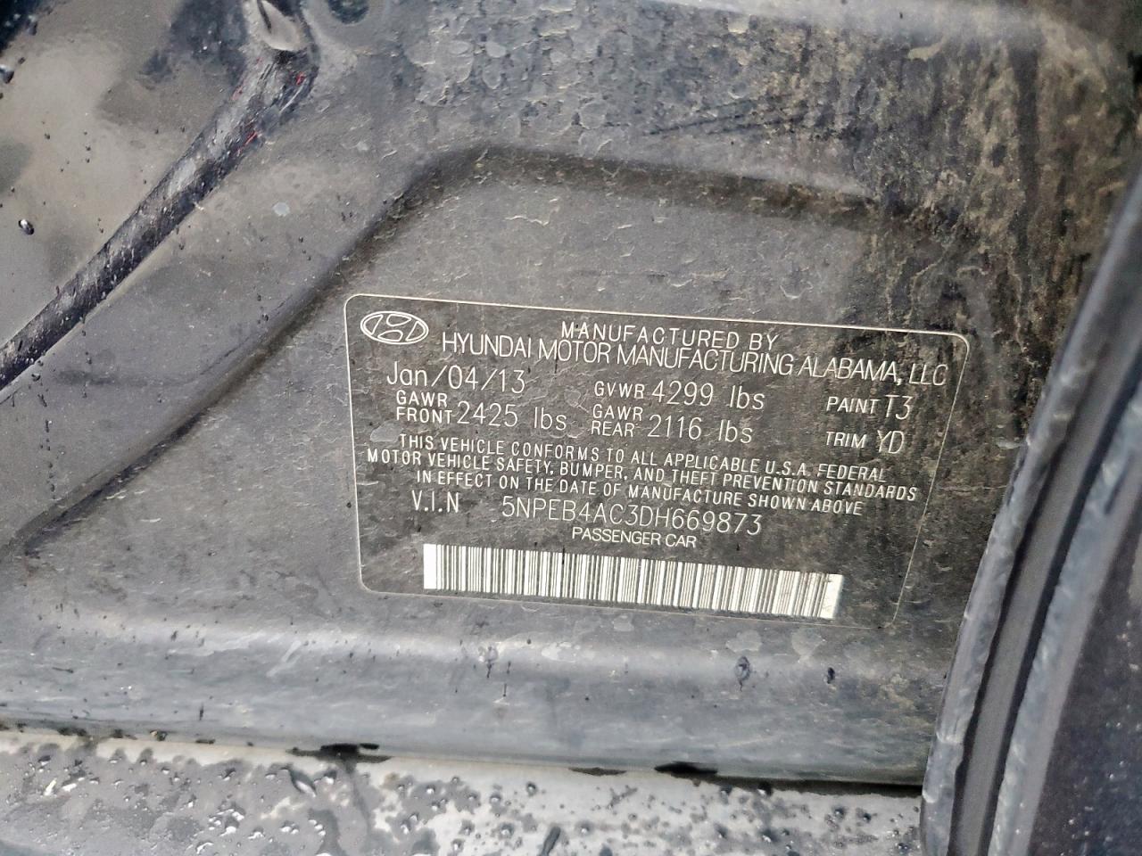 2013 Hyundai Sonata Gls VIN: 5NPEB4AC3DH669873 Lot: 83826105