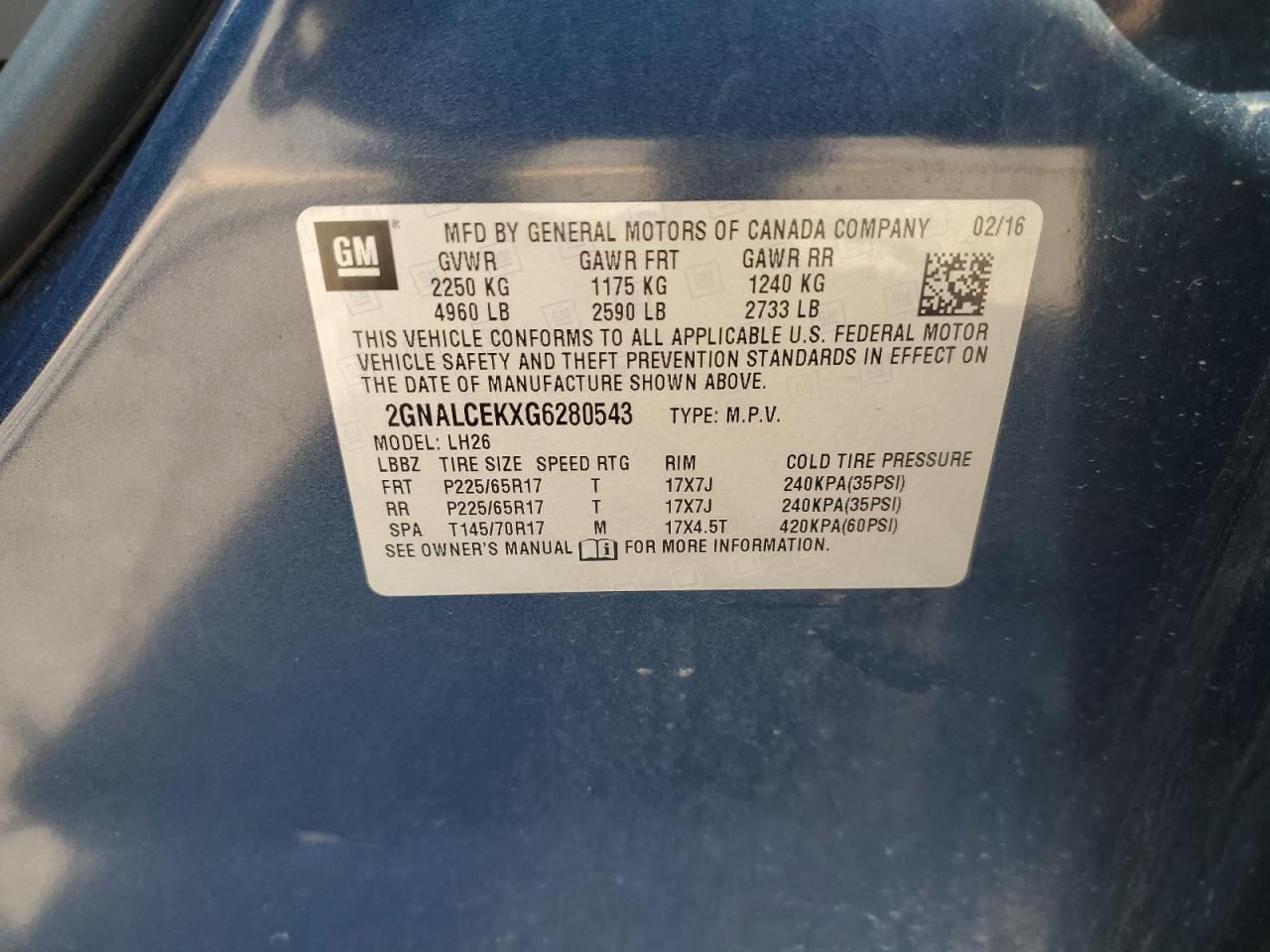 2016 Chevrolet Equinox Lt VIN: 2GNALCEKXG6280543 Lot: 71055635