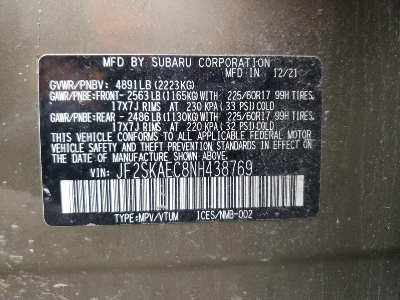 2022 Subaru Forester Premium VIN: JF2SKAEC8NH438769 Lot: 84753365