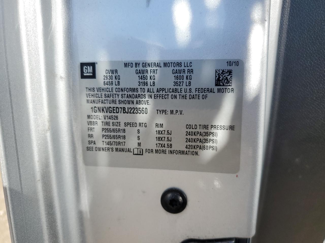 2011 Chevrolet Traverse Lt VIN: 1GNKVGED7BJ223560 Lot: 81916695