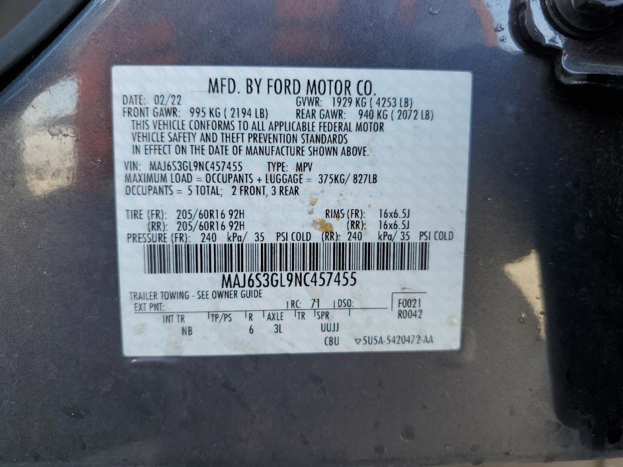 2022 Ford Ecosport Se VIN: MAJ6S3GL9NC457455 Lot: 80402725