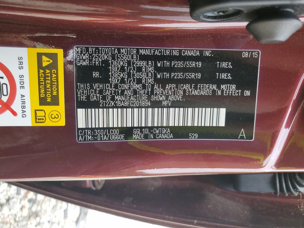 2015 Lexus Rx 350 VIN: 2T2ZK1BA8FC201894 Lot: 81514485