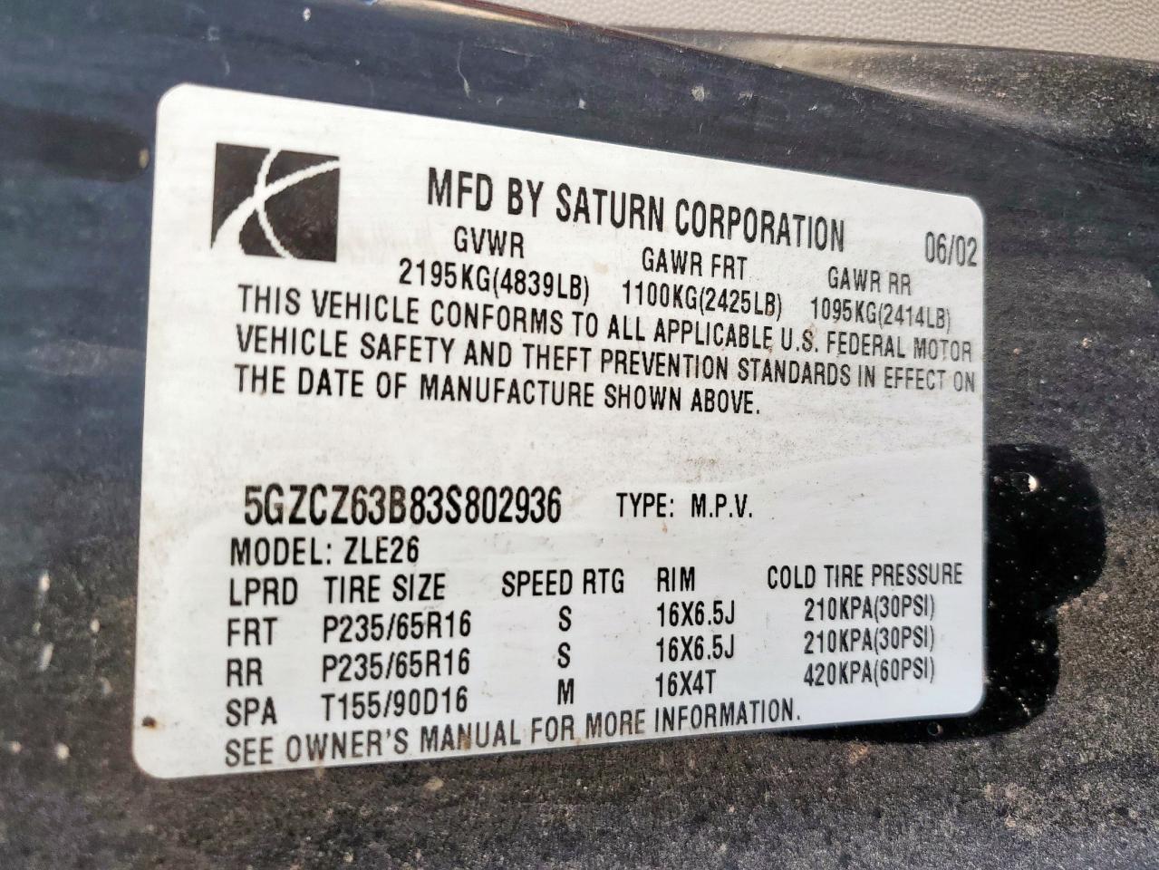 2003 Saturn Vue VIN: 5GZCZ63B83S802936 Lot: 80651415