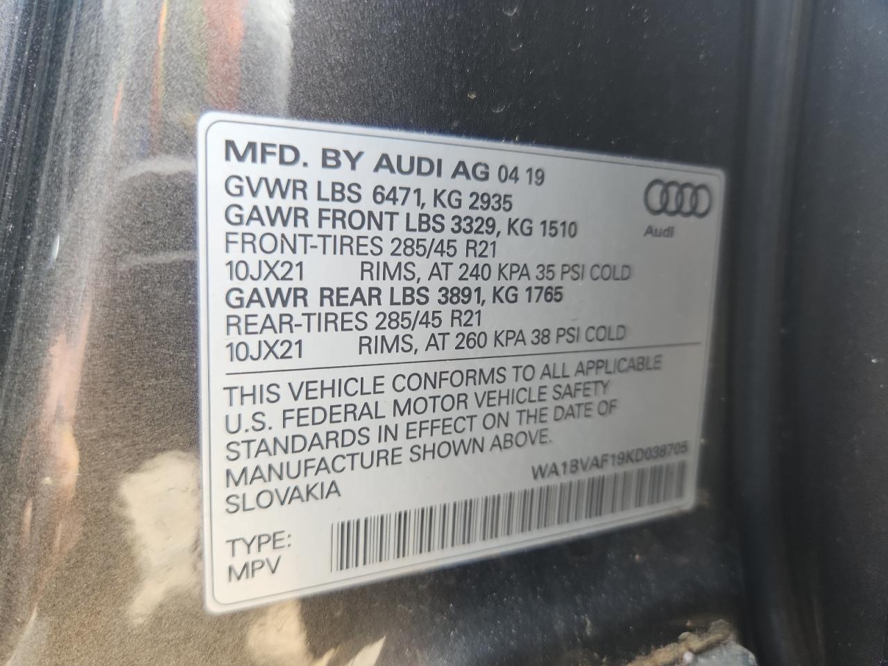 2019 Audi Q8 Premium Plus VIN: WA1BVAF19KD038705 Lot: 71523695