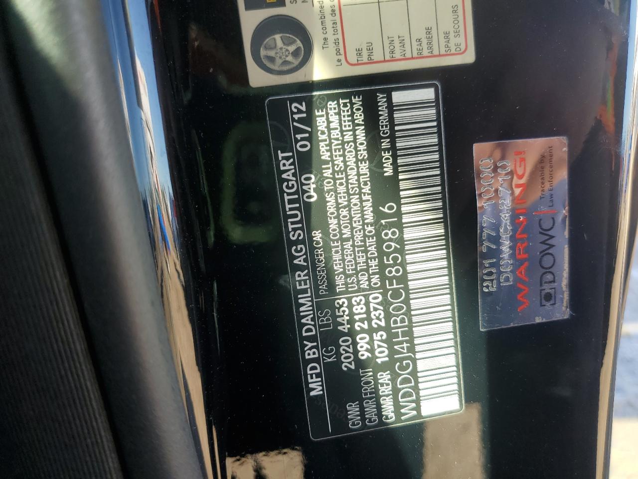 2012 Mercedes-Benz C 250 VIN: WDDGJ4HB0CF859816 Lot: 81598075