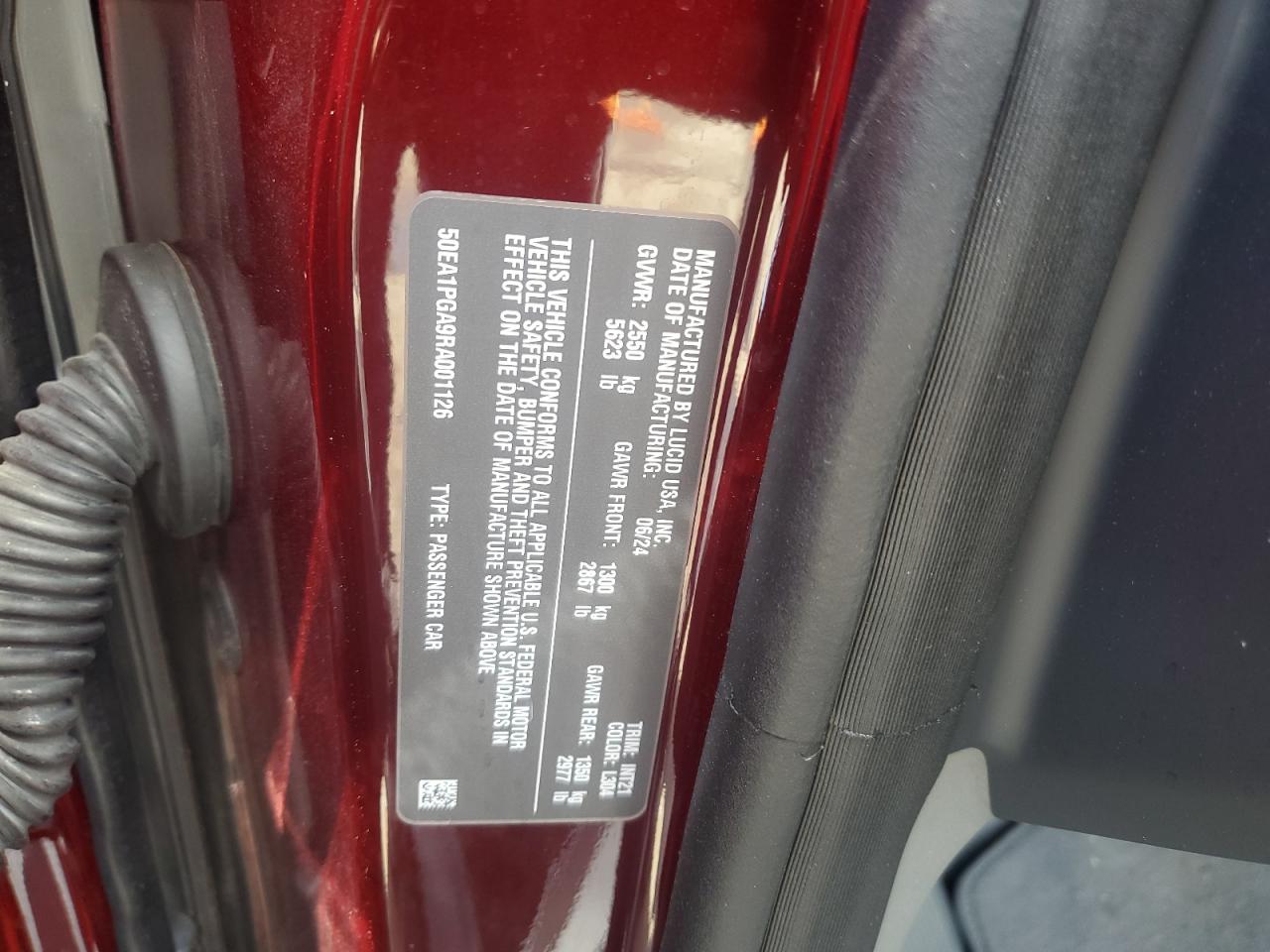 2024 Lucid Motors Air Pure VIN: 50EA1PGA9RA001126 Lot: 71617545