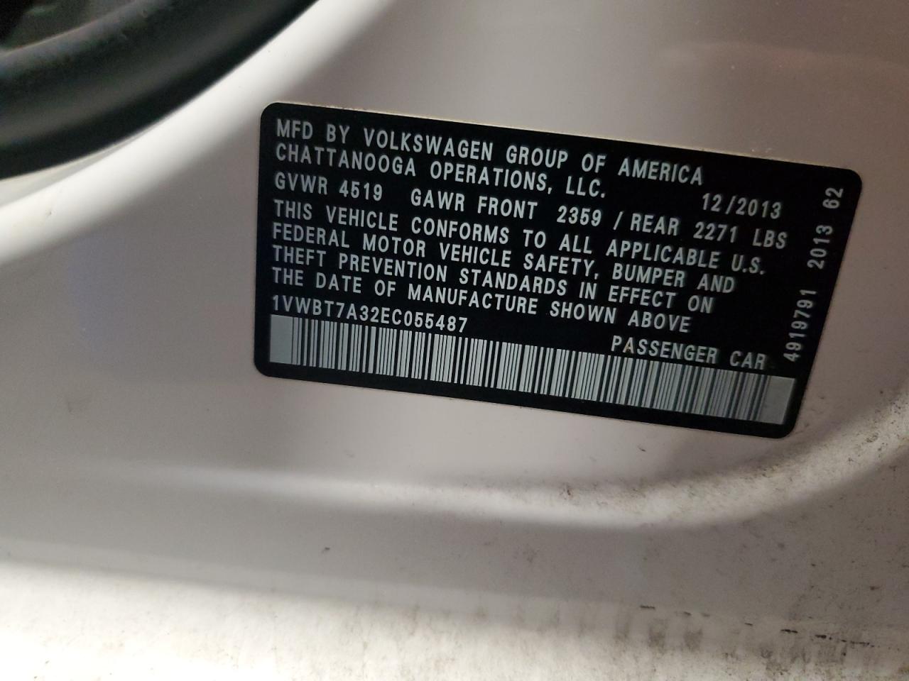 2014 Volkswagen Passat Se VIN: 1VWBT7A32EC055487 Lot: 83942675