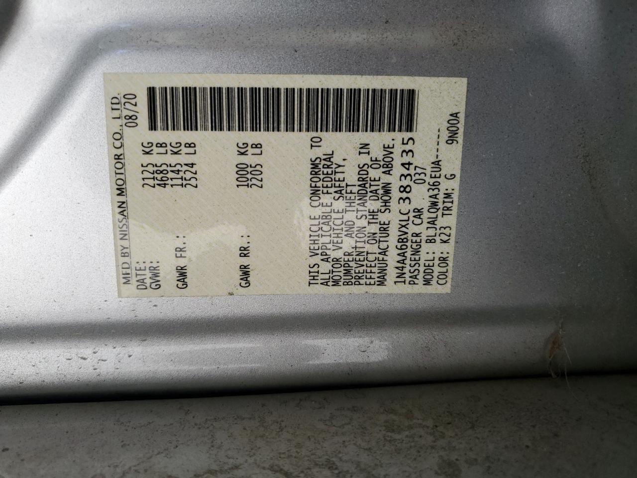 2020 Nissan Maxima S VIN: 1N4AA6BVXLC383435 Lot: 81824375