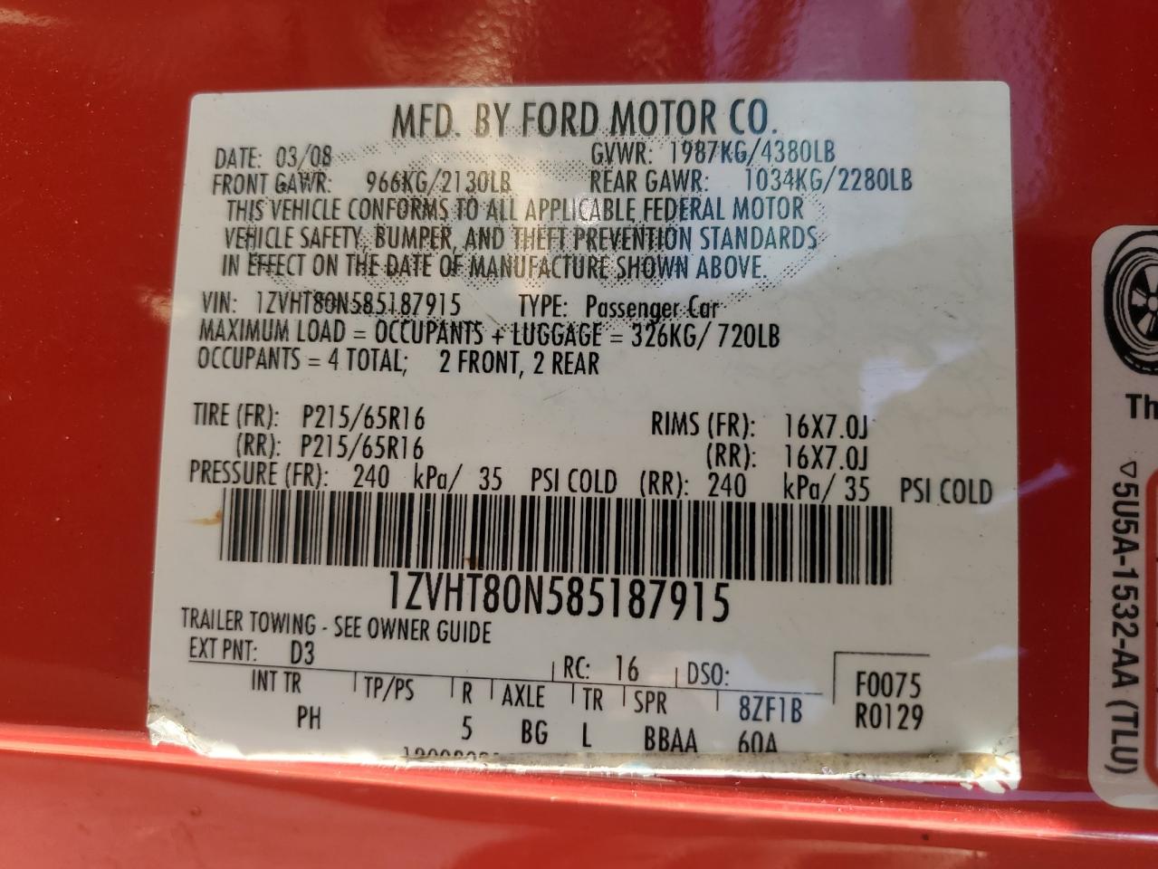 2008 Ford Mustang VIN: 1ZVHT80N585187915 Lot: 80142515