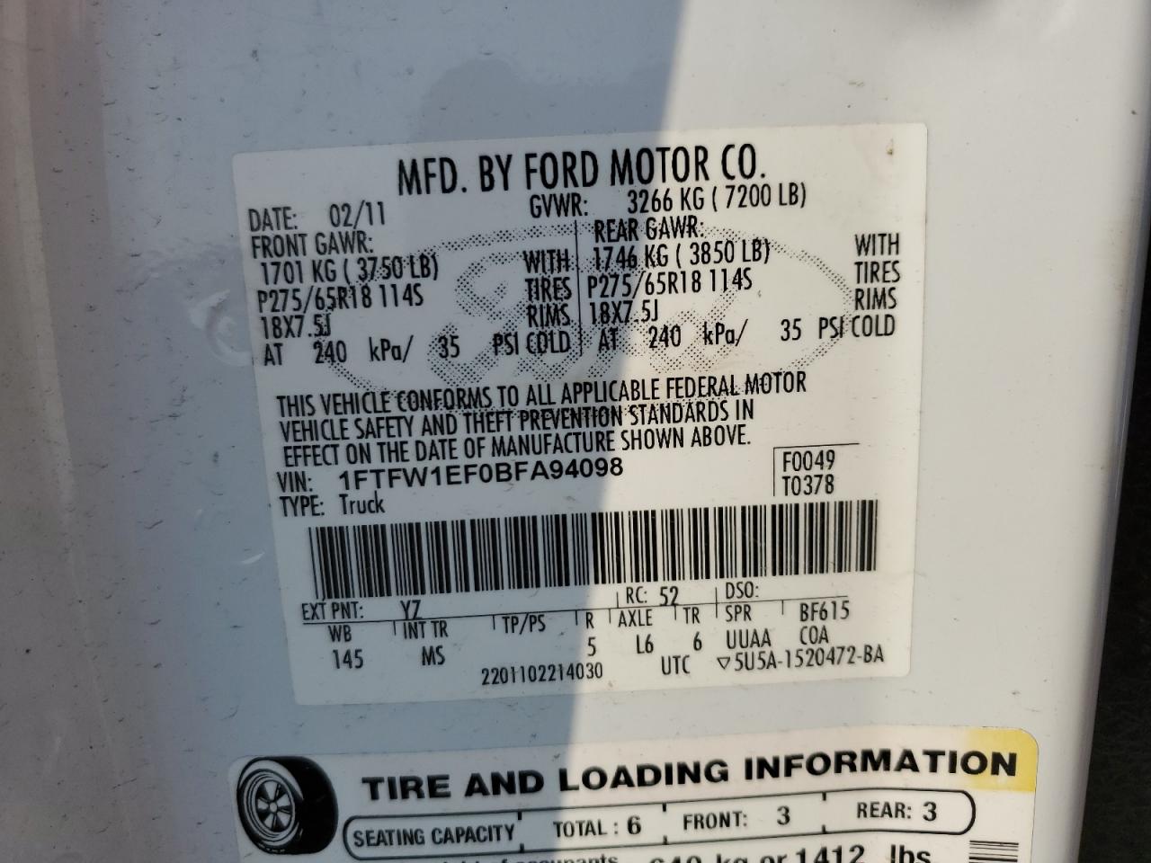 2011 Ford F150 Supercrew VIN: 1FTFW1EF0BFA94098 Lot: 81032705