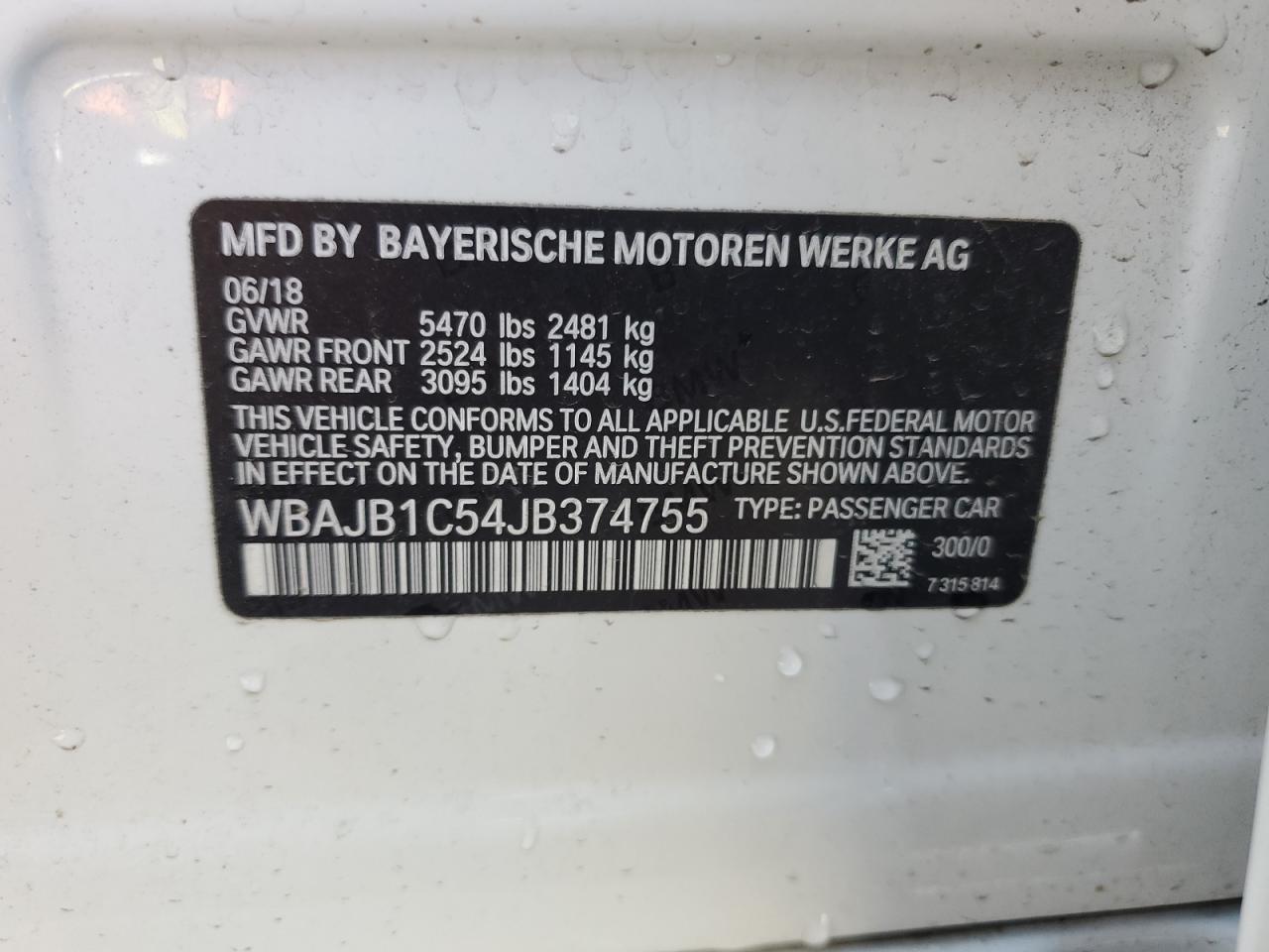 2018 BMW 530Xe VIN: WBAJB1C54JB374755 Lot: 80316765