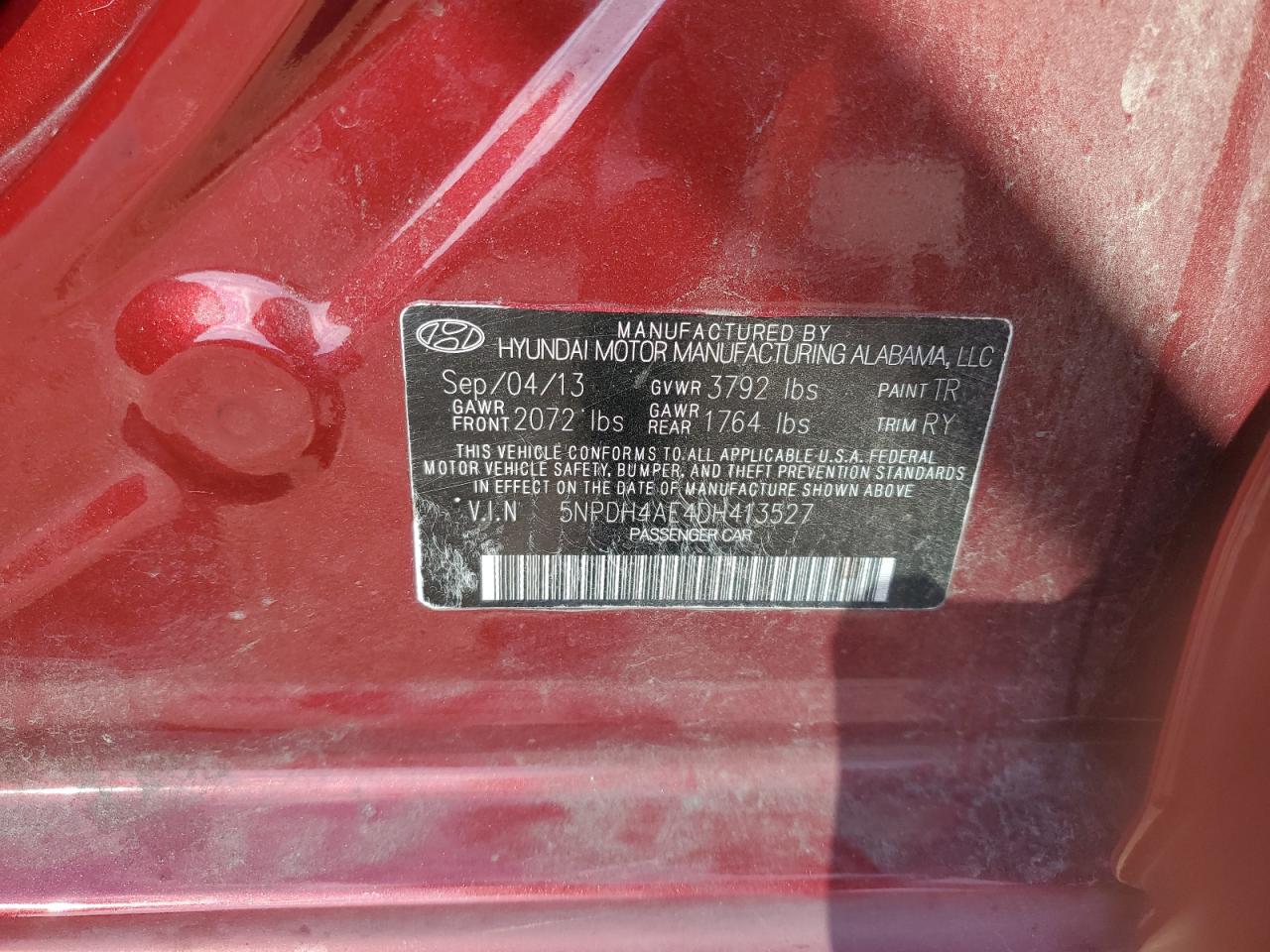 2013 Hyundai Elantra Gls VIN: 5NPDH4AE4DH413527 Lot: 81646635