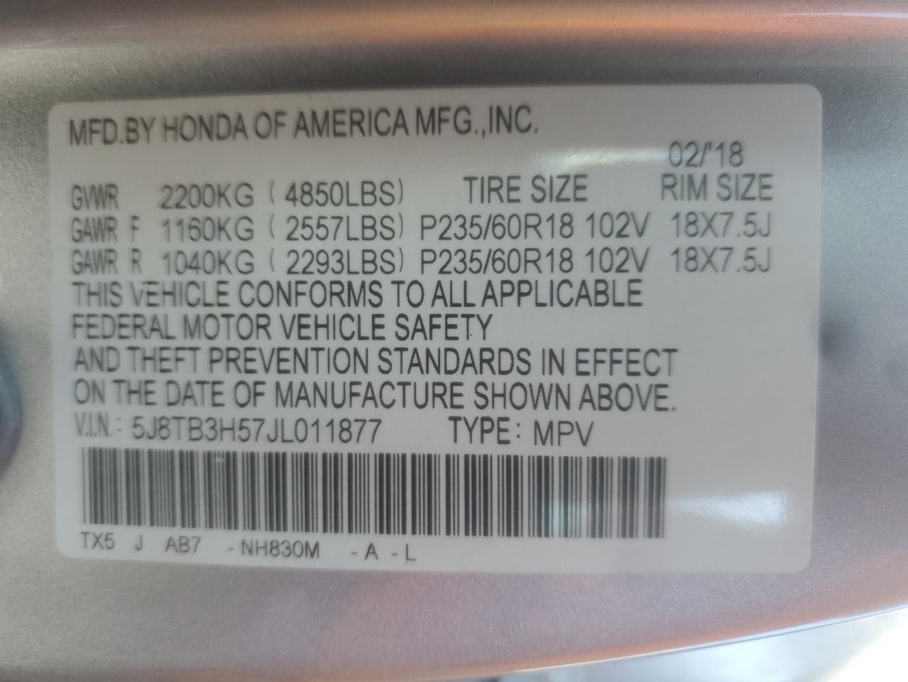 2018 Acura Rdx Technology VIN: 5J8TB3H57JL011877 Lot: 80585345