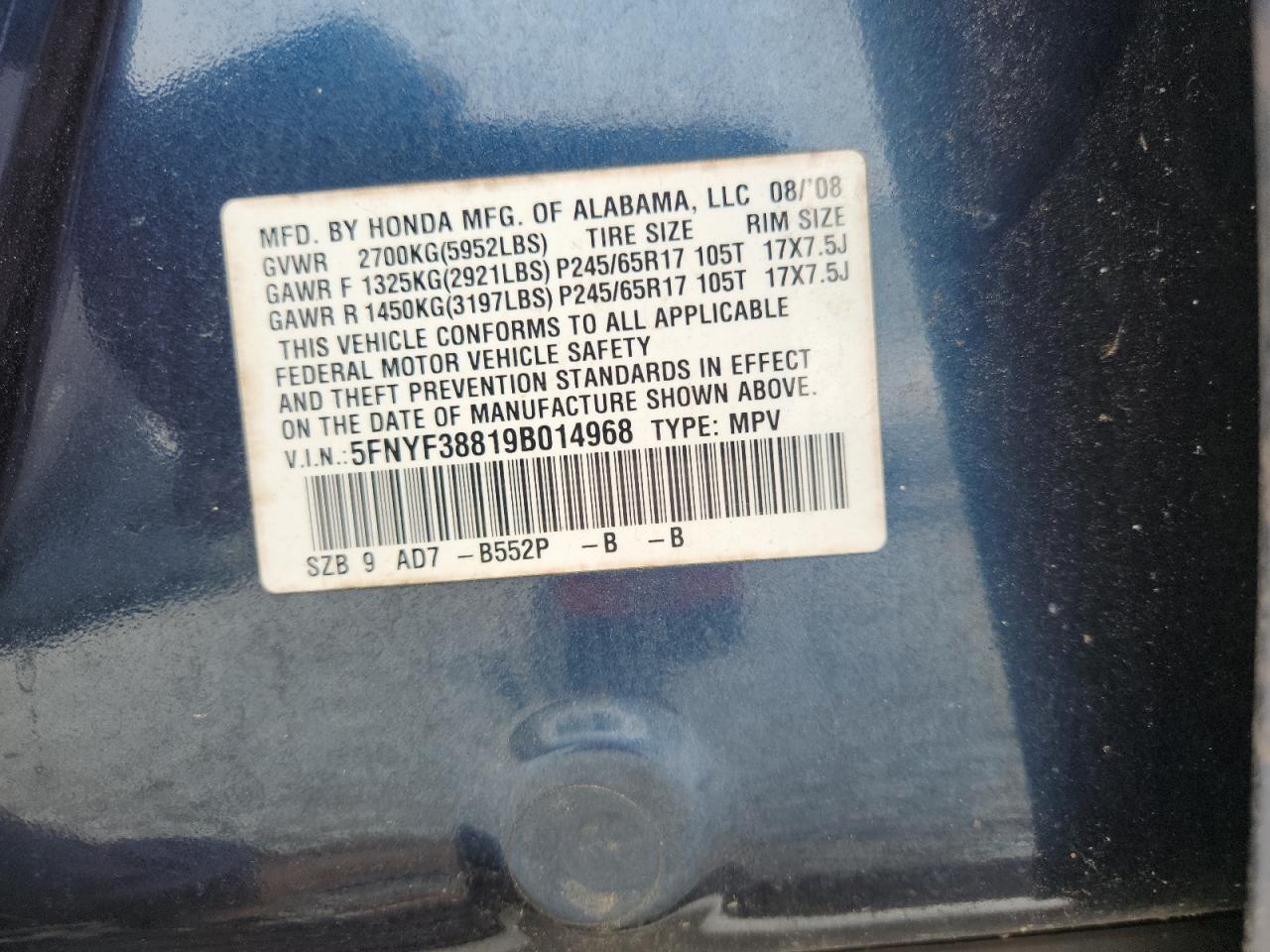 2009 Honda Pilot Touring VIN: 5FNYF38819B014968 Lot: 83872935