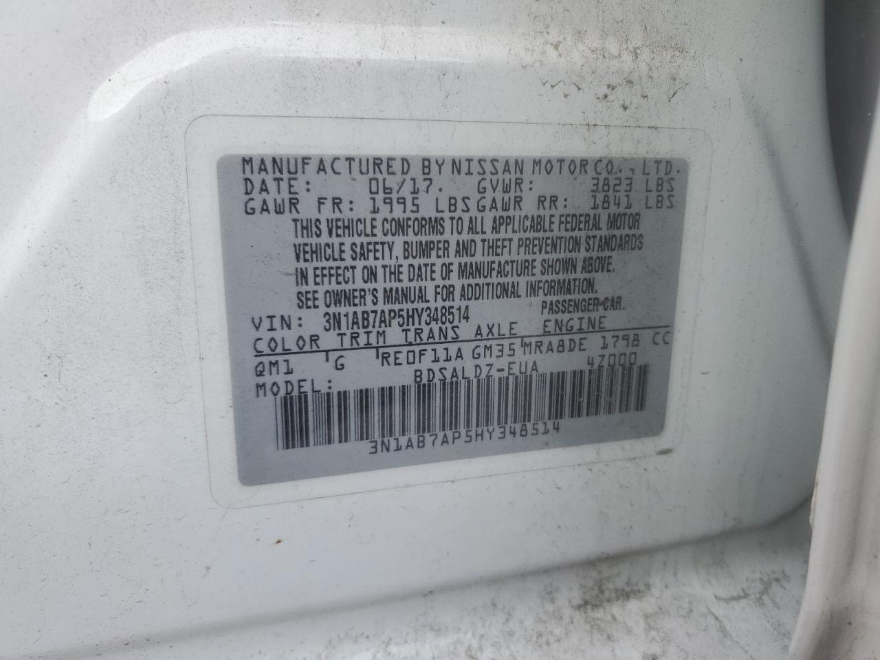 2017 Nissan Sentra S VIN: 3N1AB7AP5HY348514 Lot: 71900875