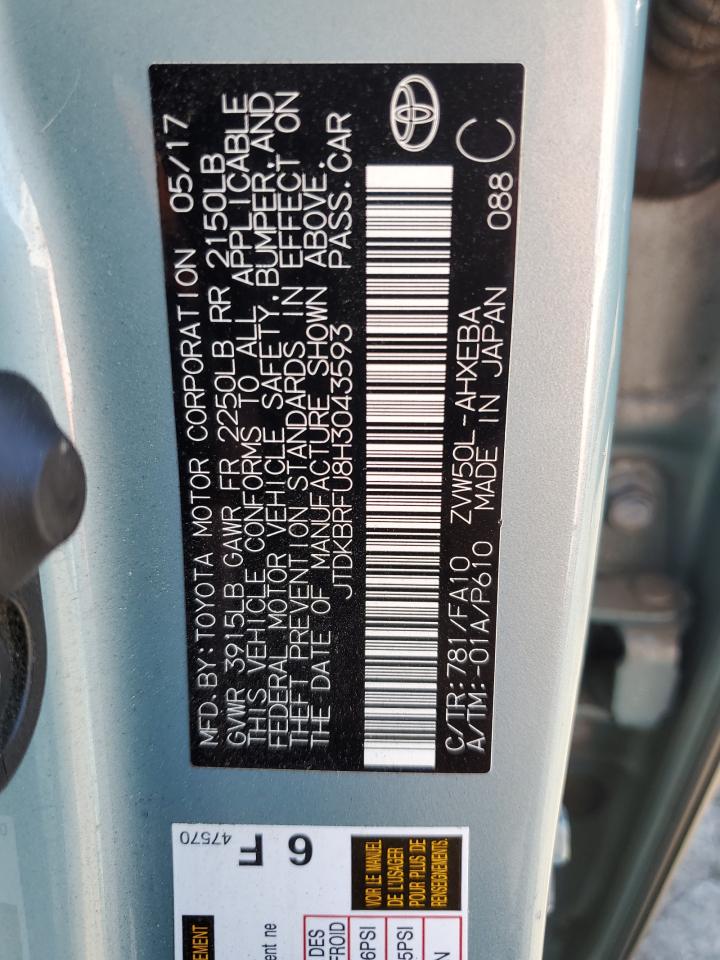 2017 Toyota Prius VIN: JTDKBRFU8H3043593 Lot: 71284325