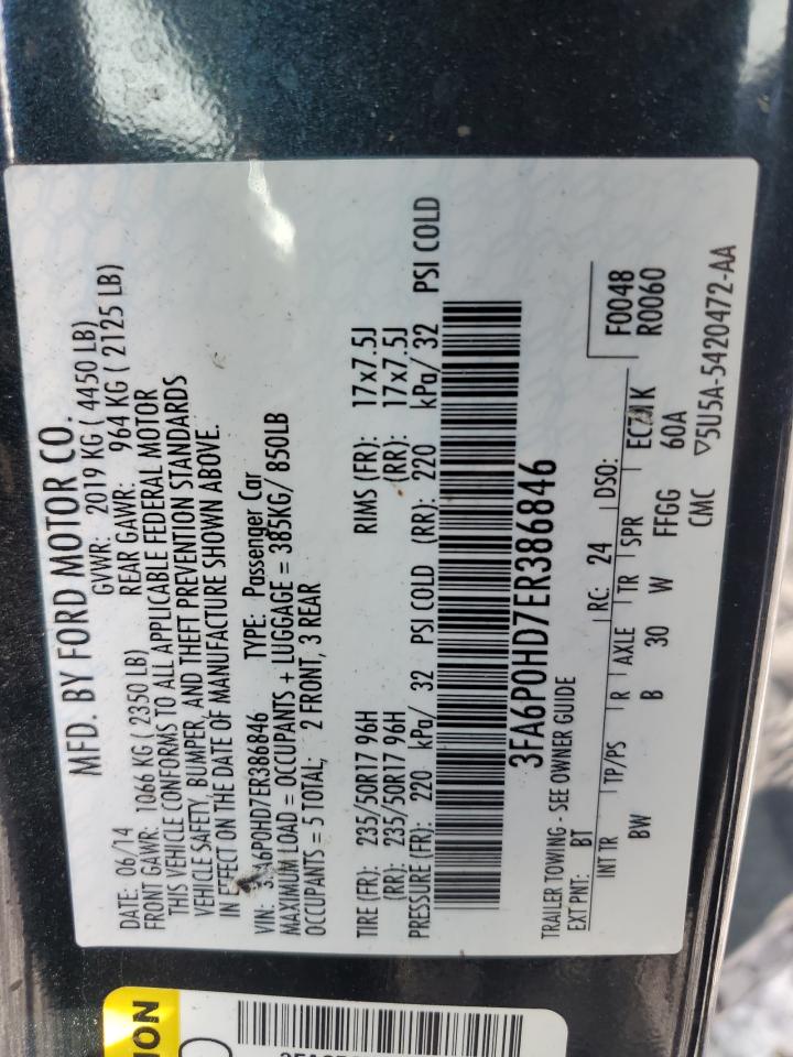 2014 Ford Fusion Se VIN: 3FA6P0HD7ER386846 Lot: 83824805