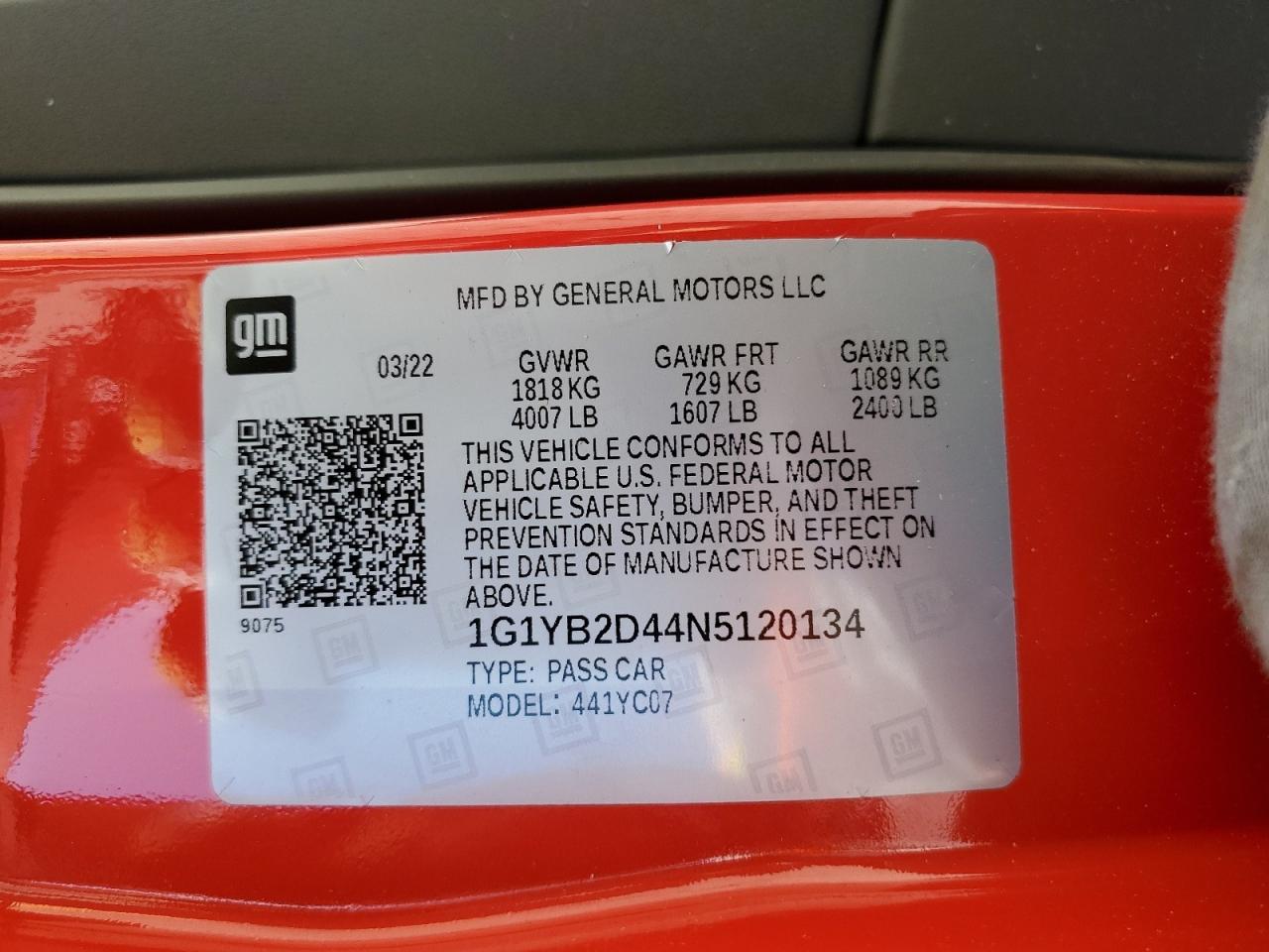 2022 Chevrolet Corvette Stingray 2Lt VIN: 1G1YB2D44N5120134 Lot: 71070535