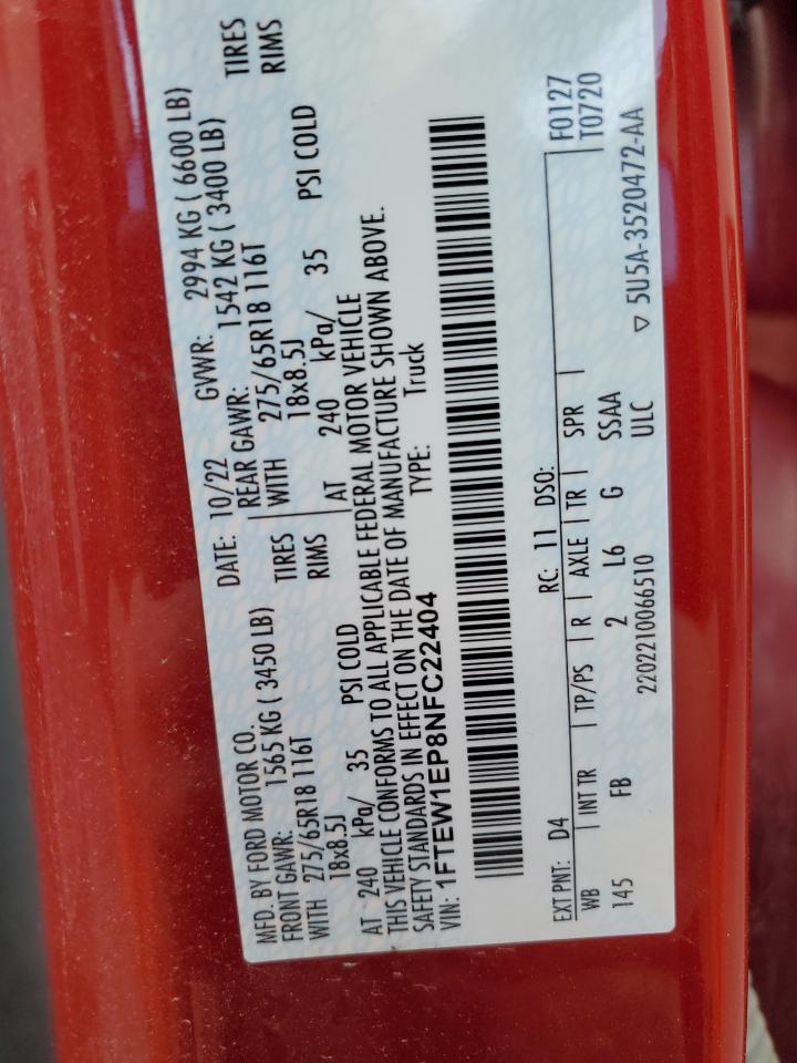 2022 Ford F150 Supercrew VIN: 1FTEW1EP8NFC22404 Lot: 81028505