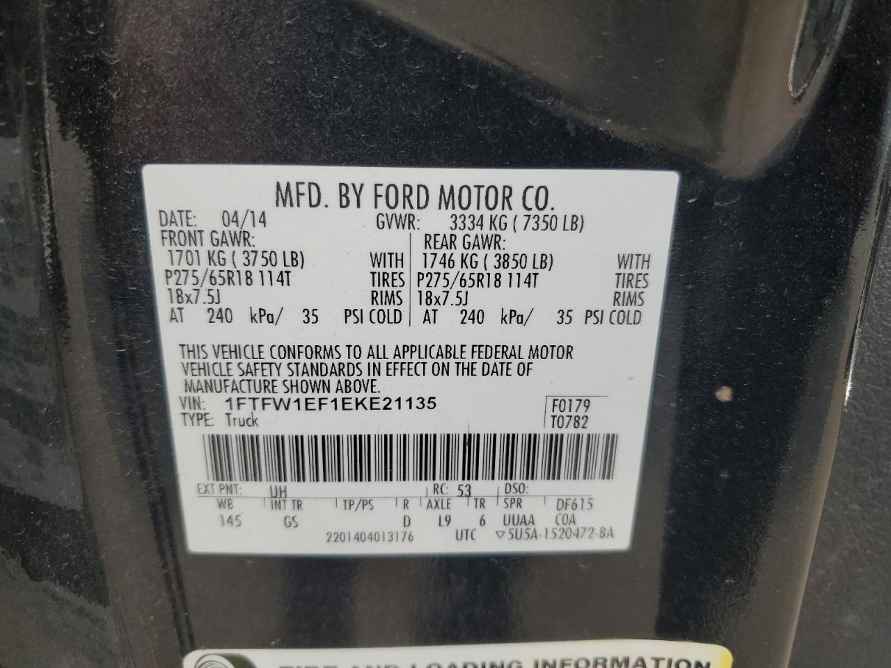 2014 Ford F150 Supercrew VIN: 1FTFW1EF1EKE21135 Lot: 81305555