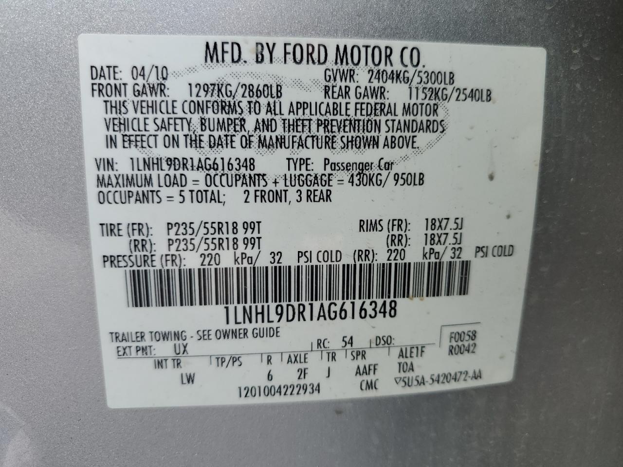 2010 Lincoln Mks VIN: 1LNHL9DR1AG616348 Lot: 84392885