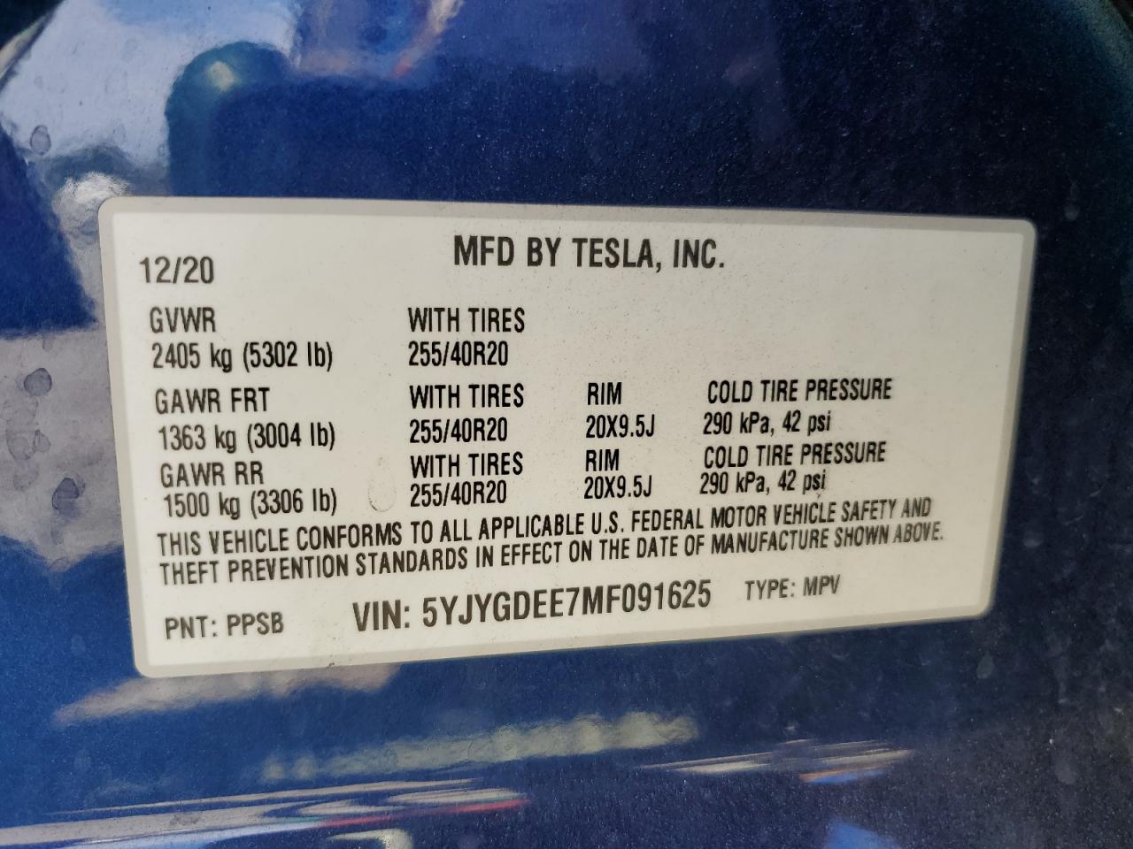 2021 Tesla Model Y VIN: 5YJYGDEE7MF091625 Lot: 71214435