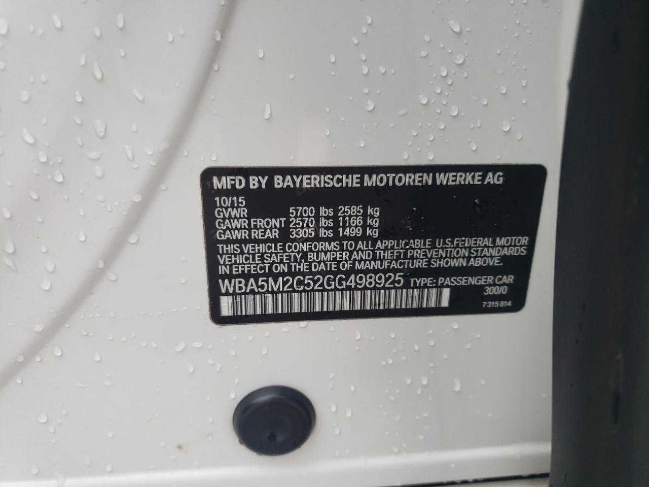 2016 BMW 535 Igt VIN: WBA5M2C52GG498925 Lot: 83837775