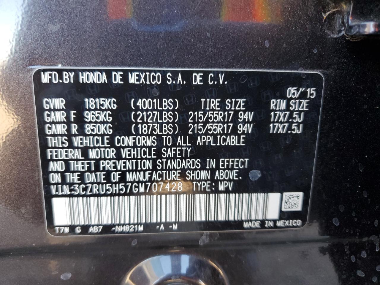 2016 Honda Hr-V Ex VIN: 3CZRU5H57GM707428 Lot: 81930085