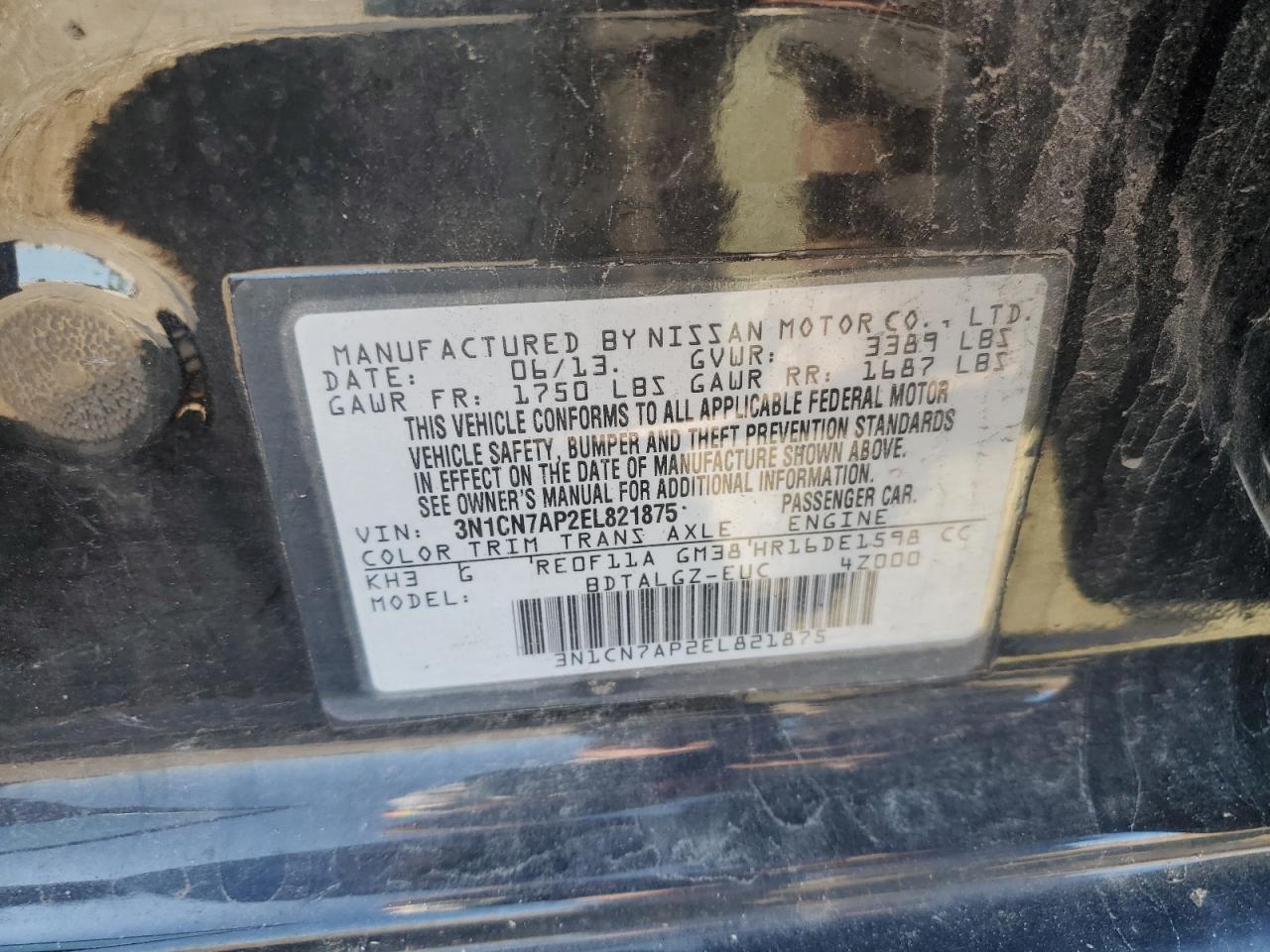 2014 Nissan Versa S VIN: 3N1CN7AP2EL821875 Lot: 71043935