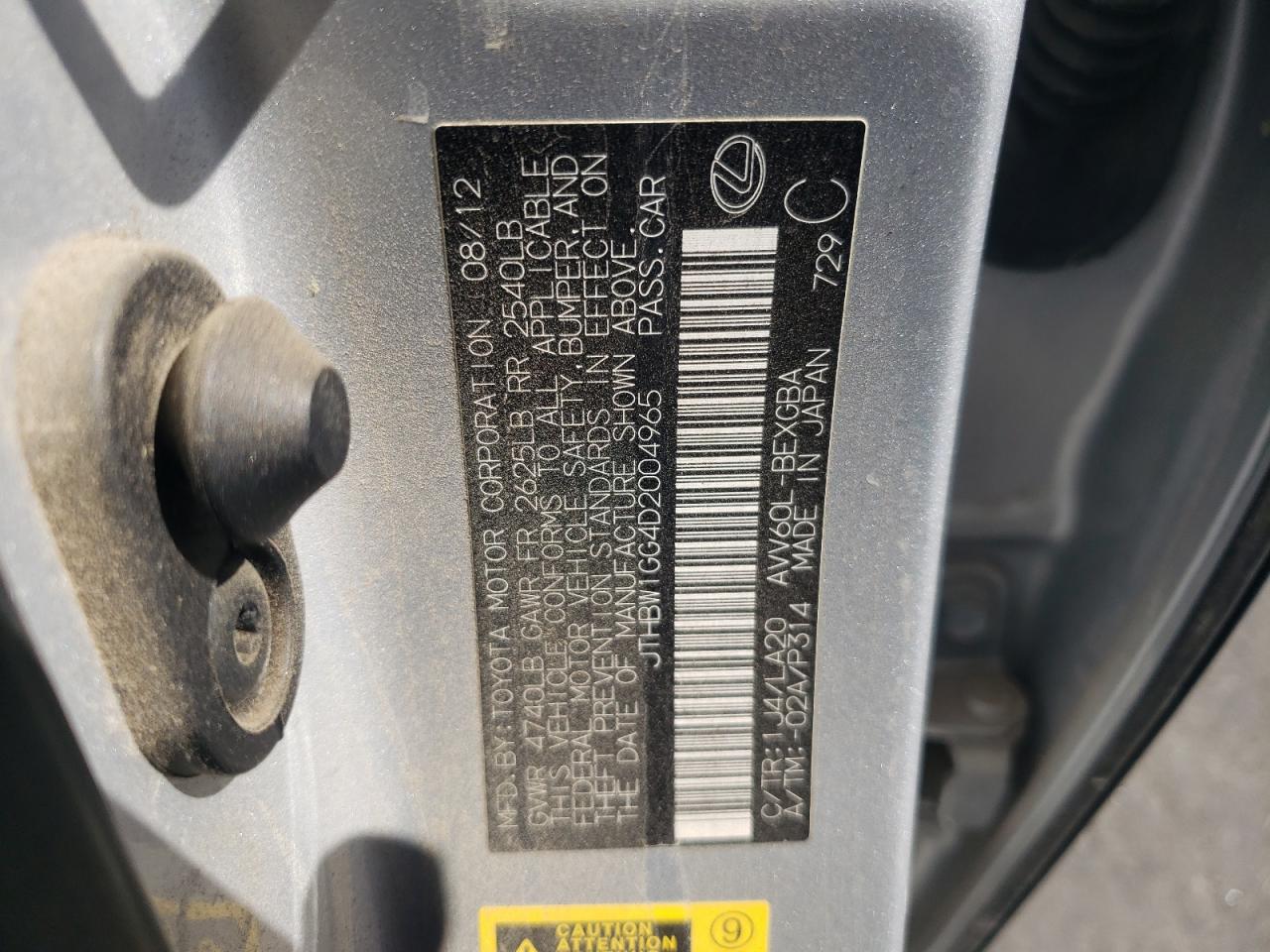 2013 Lexus Es 300H VIN: JTHBW1GG4D2004965 Lot: 72006035