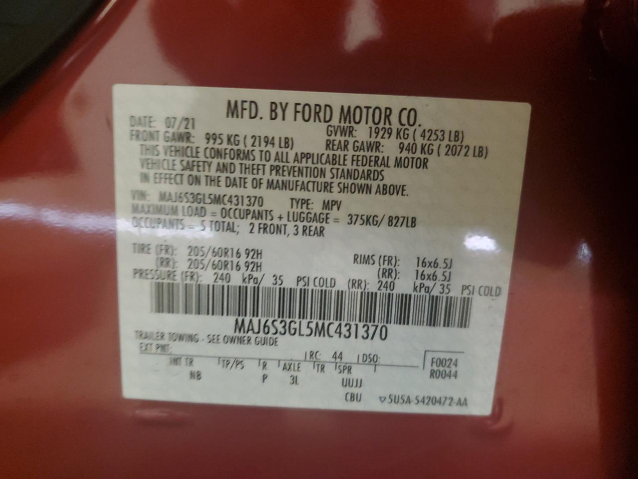2021 Ford Ecosport Se VIN: MAJ6S3GL5MC431370 Lot: 83900515