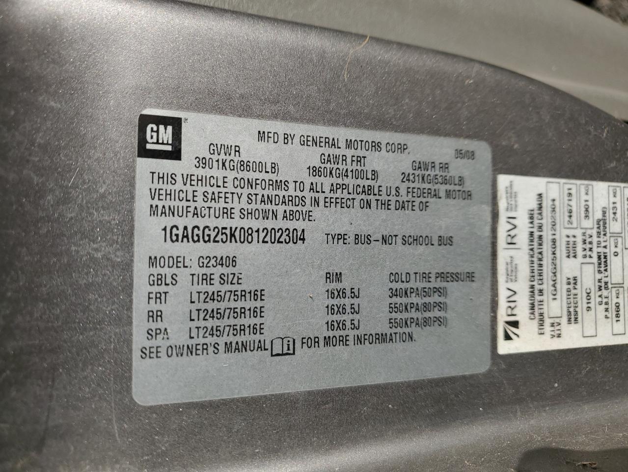 2008 Chevrolet Express G2500 VIN: 1GAGG25K081202304 Lot: 71507455