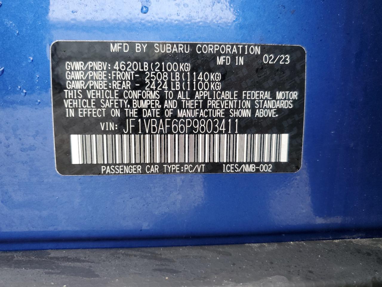 2023 Subaru Wrx Premium VIN: JF1VBAF66P9803411 Lot: 80705385