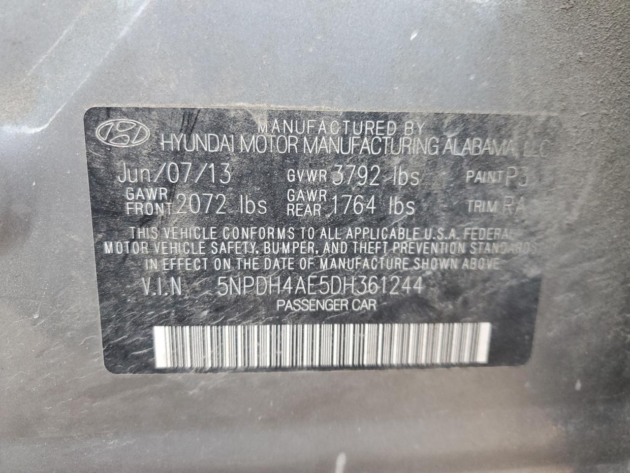 2013 Hyundai Elantra Gls VIN: 5NPDH4AE5DH361244 Lot: 81219235