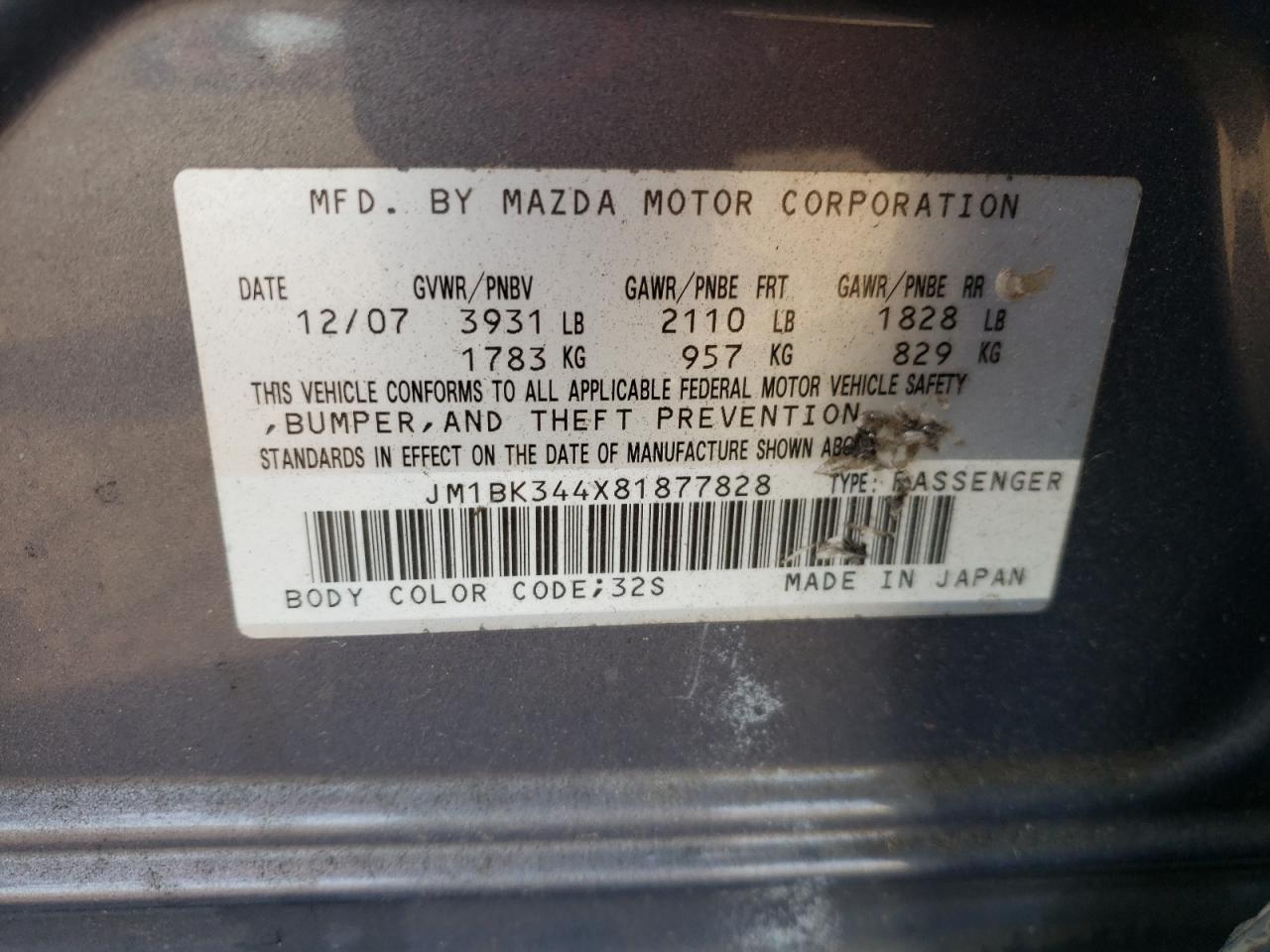 2008 Mazda 3 Hatchback VIN: JM1BK344X81877828 Lot: 72074815