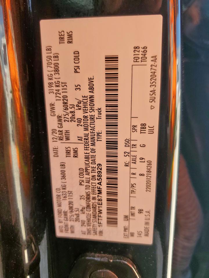 2021 Ford F150 Supercrew VIN: 1FTFW1E87MFA58929 Lot: 81679195