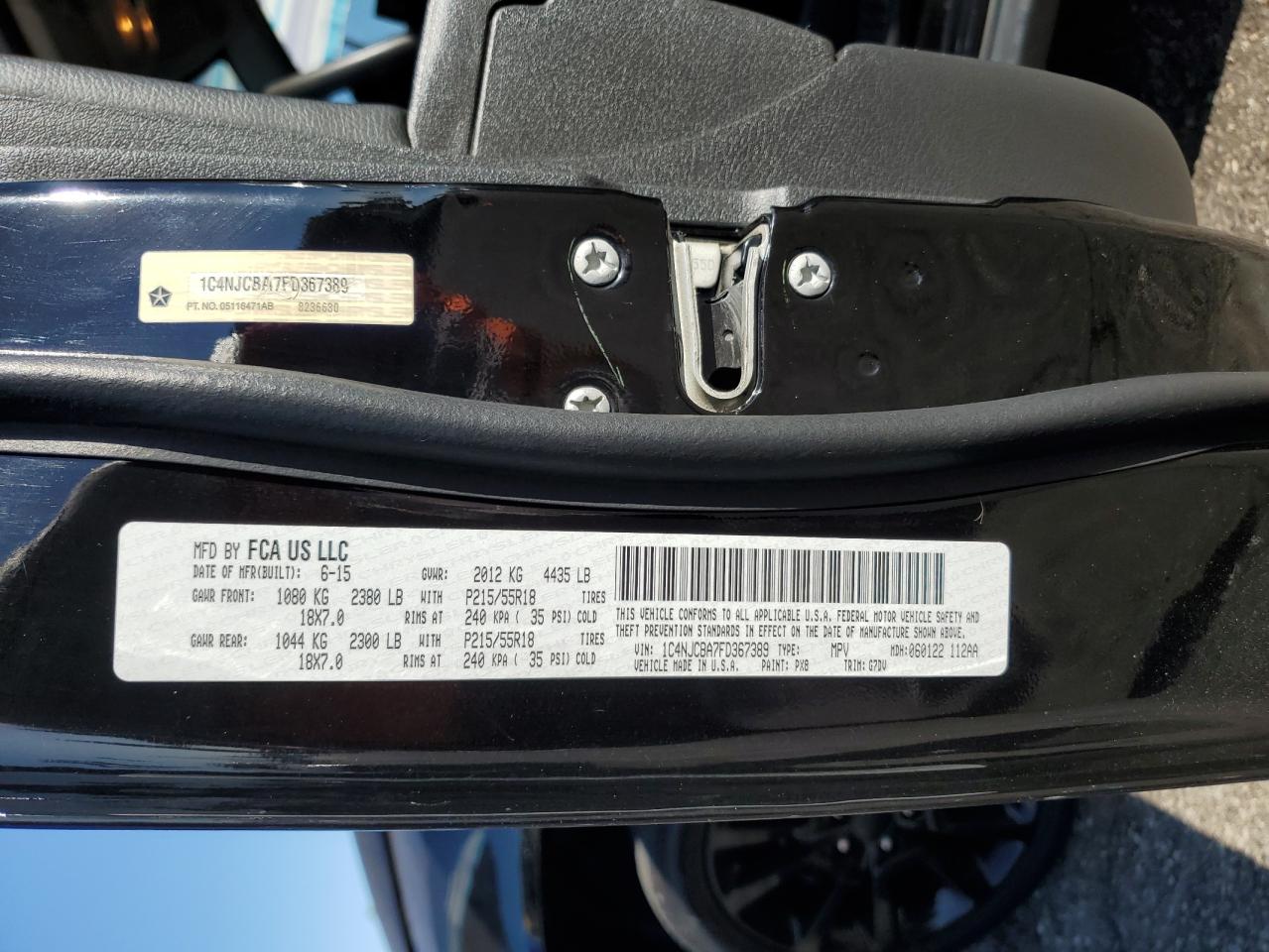 2015 Jeep Compass Sport VIN: 1C4NJCBA7FD367389 Lot: 71221885