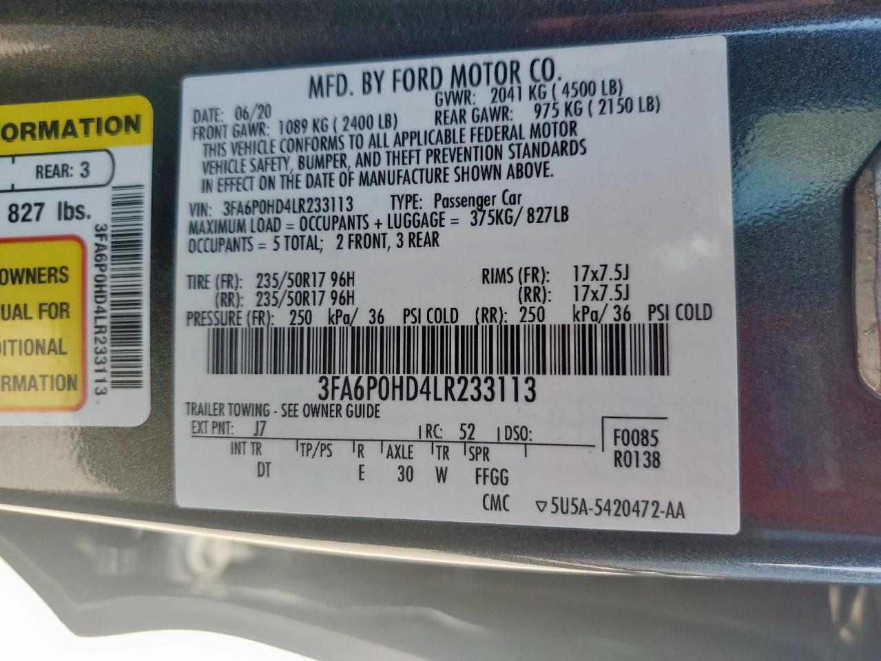 2020 Ford Fusion Se VIN: 3FA6P0HD4LR233113 Lot: 81262585