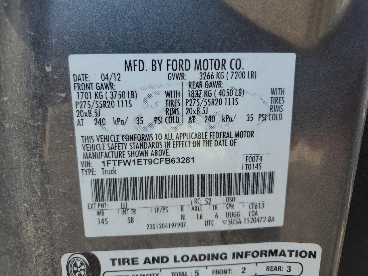 2012 Ford F150 Supercrew VIN: 1FTFW1ET9CFB63281 Lot: 70818445