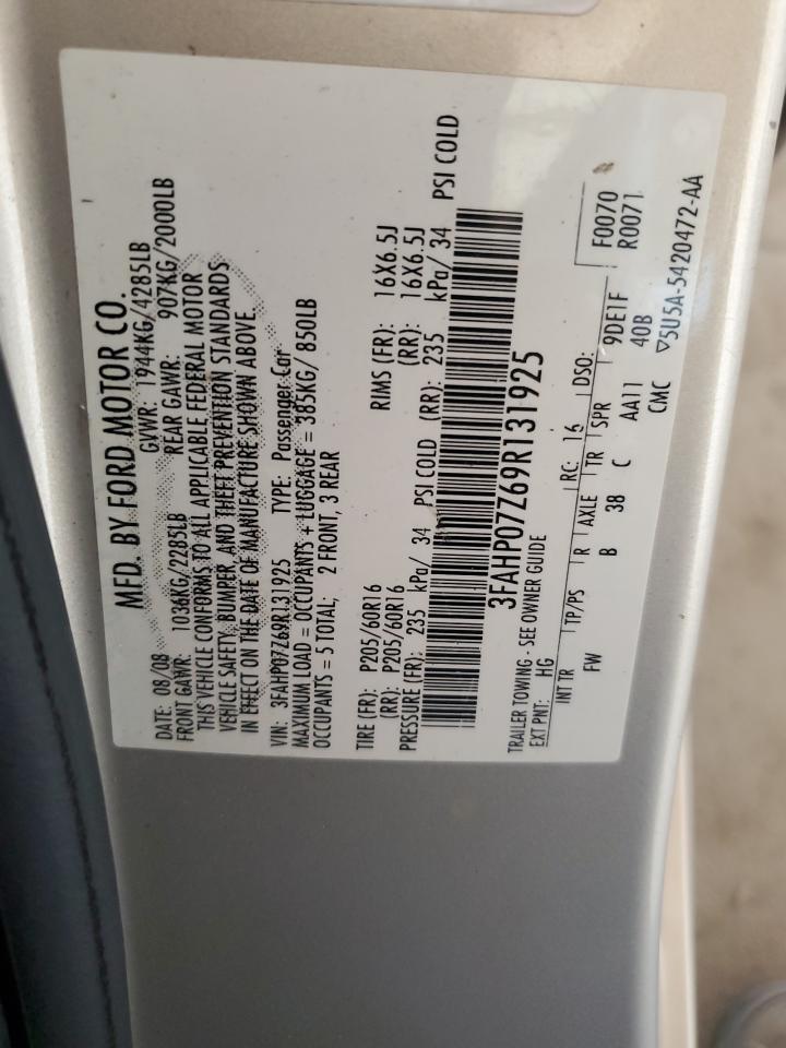 2009 Ford Fusion Se VIN: 3FAHP07Z69R131925 Lot: 81100065