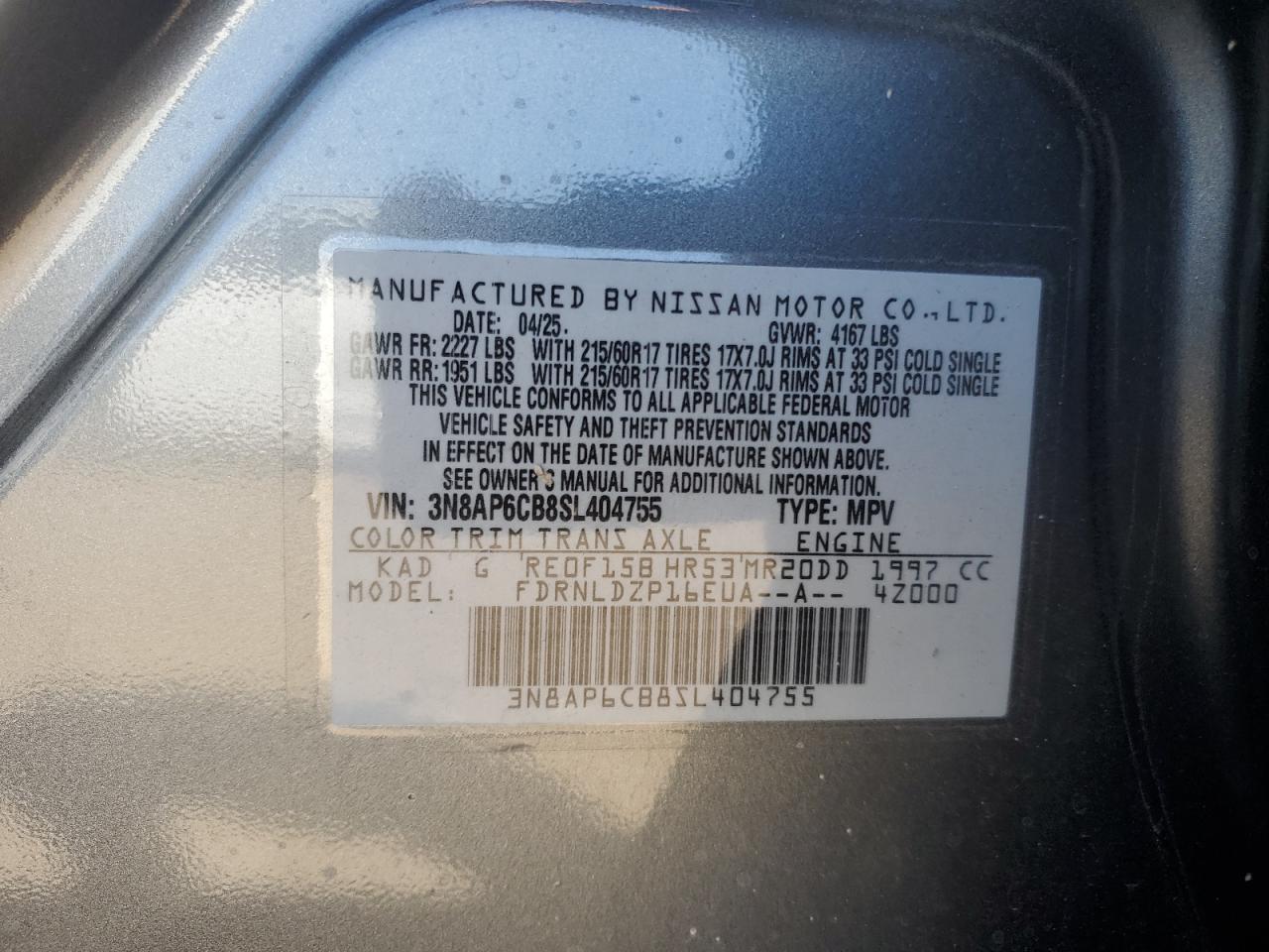 2025 Nissan Kicks Sv VIN: 3N8AP6CB8SL404755 Lot: 71199515