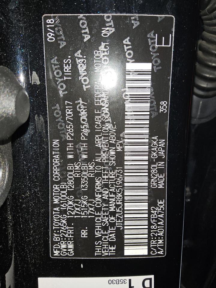 2019 Toyota 4Runner Sr5 VIN: JTEZU5JR8K5196731 Lot: 83859865