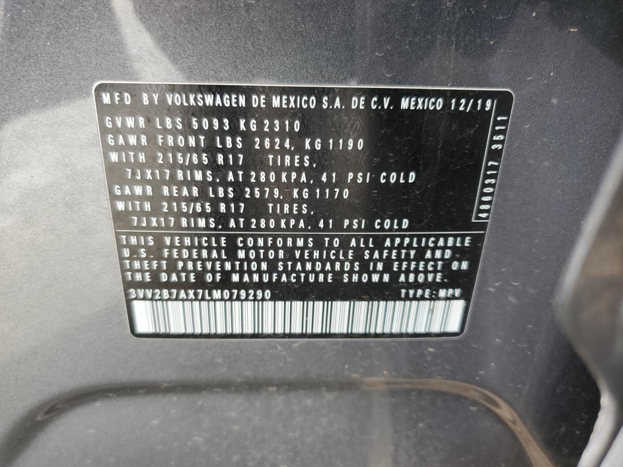 2020 Volkswagen Tiguan Se VIN: 3VV2B7AX7LM079290 Lot: 82174545