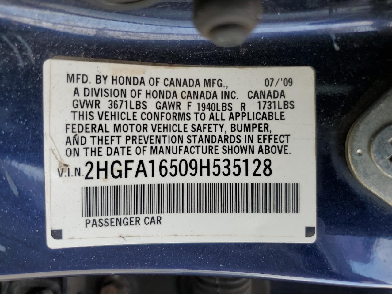2009 Honda Civic Lx VIN: 2HGFA16509H535128 Lot: 83875645