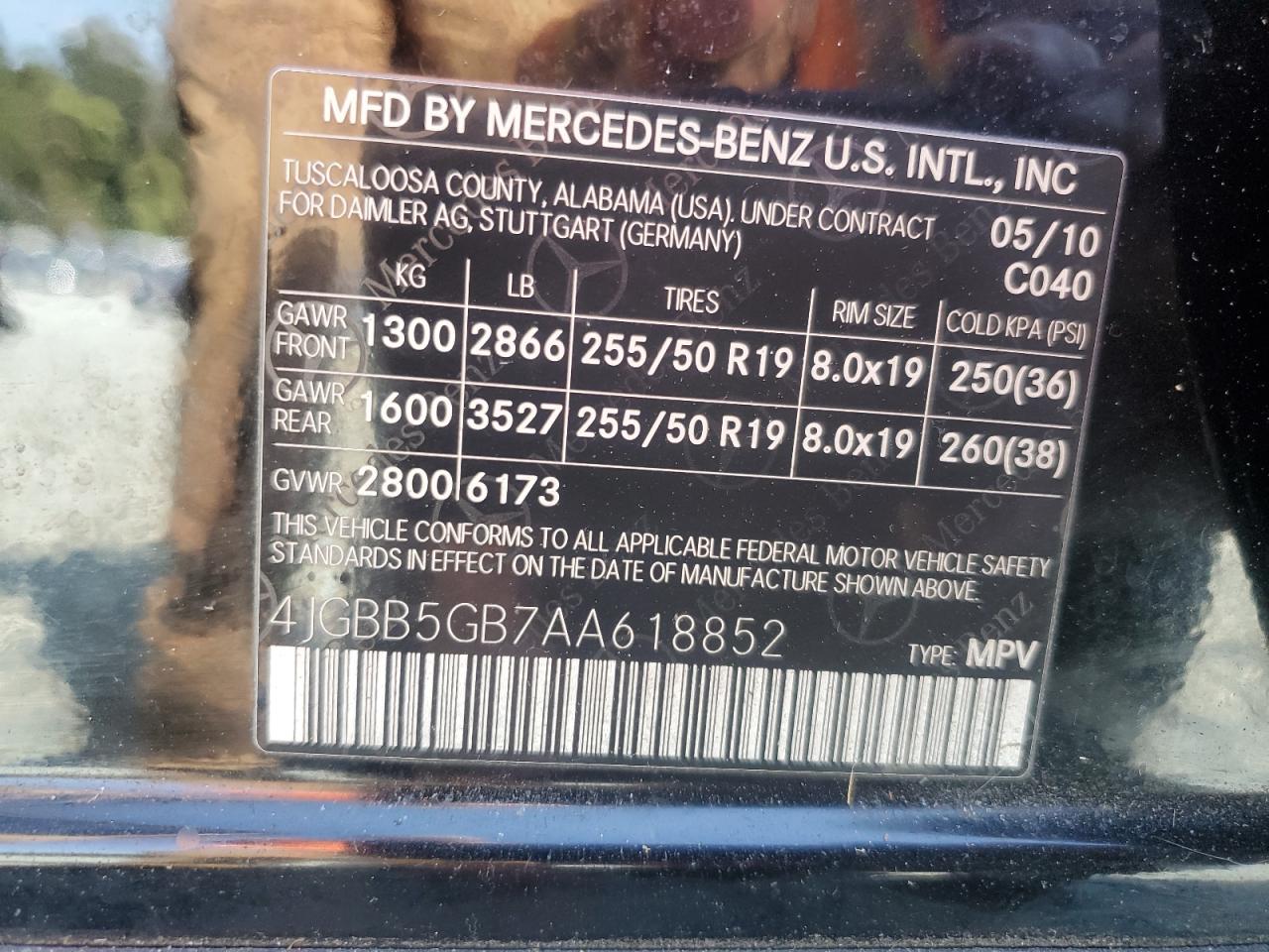 2010 Mercedes-Benz Ml 350 VIN: 4JGBB5GB7AA618852 Lot: 81642925