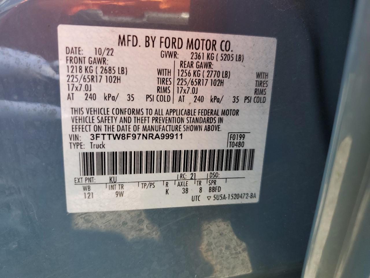 2022 Ford Maverick Xl VIN: 3FTTW8F97NRA99911 Lot: 72044395