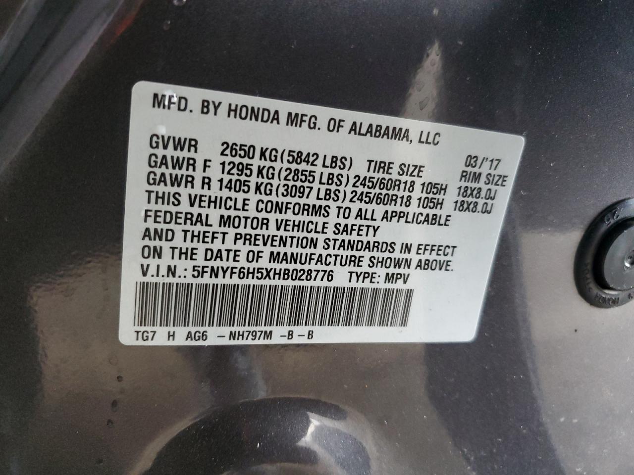 2017 Honda Pilot Exl VIN: 5FNYF6H5XHB028776 Lot: 80063155