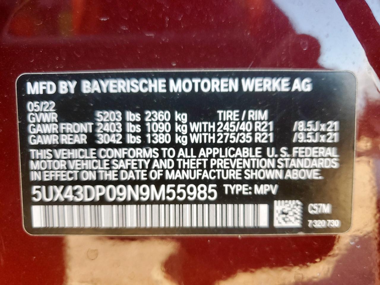 2022 BMW X3 Sdrive30I VIN: 5UX43DP09N9M55985 Lot: 81746315