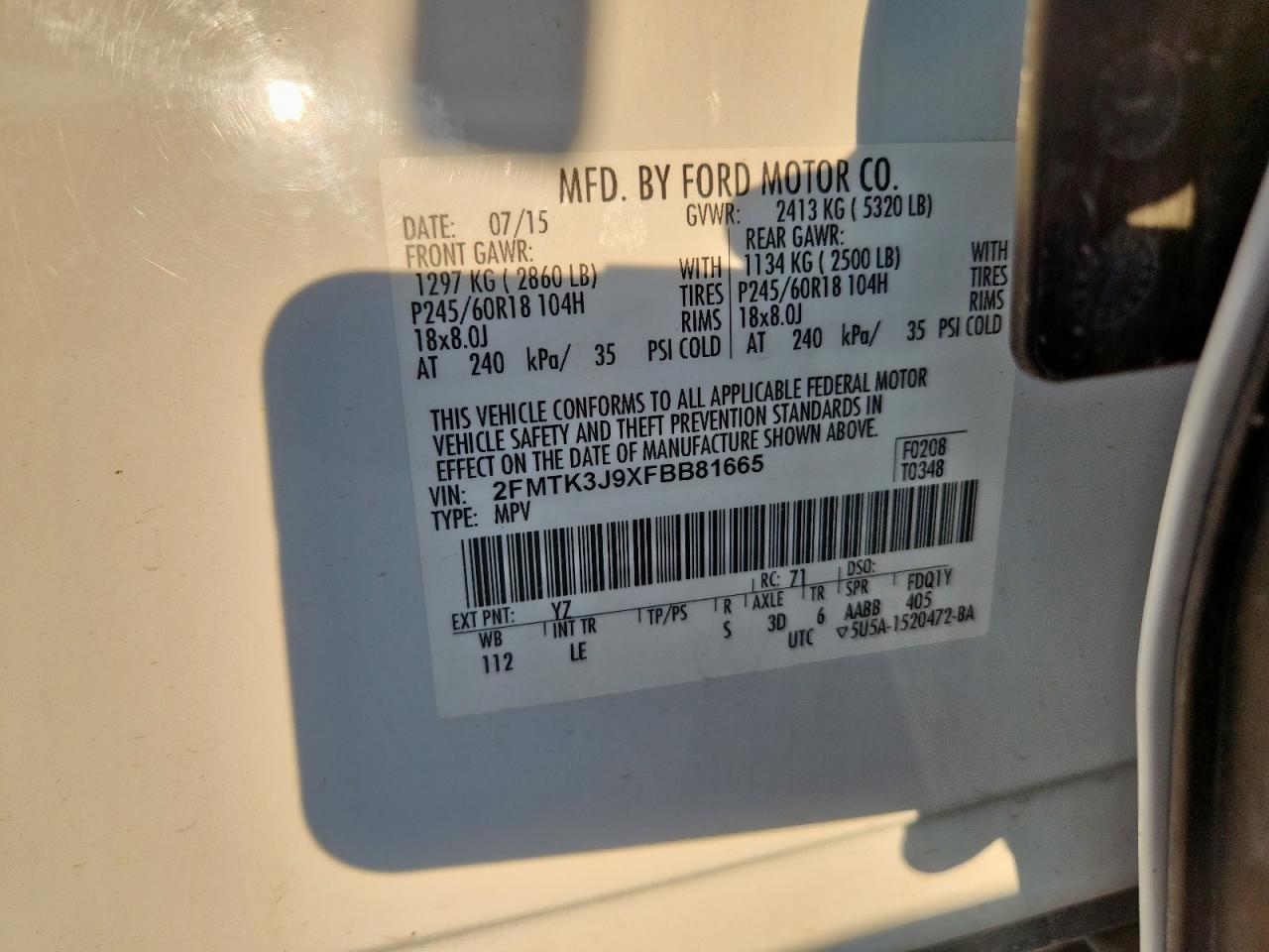 2015 Ford Edge Sel VIN: 2FMTK3J9XFBB81665 Lot: 80575515