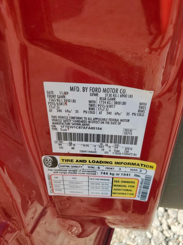 2010 Ford F150 Supercrew VIN: 1FTEW1C87AFA85154 Lot: 81751765